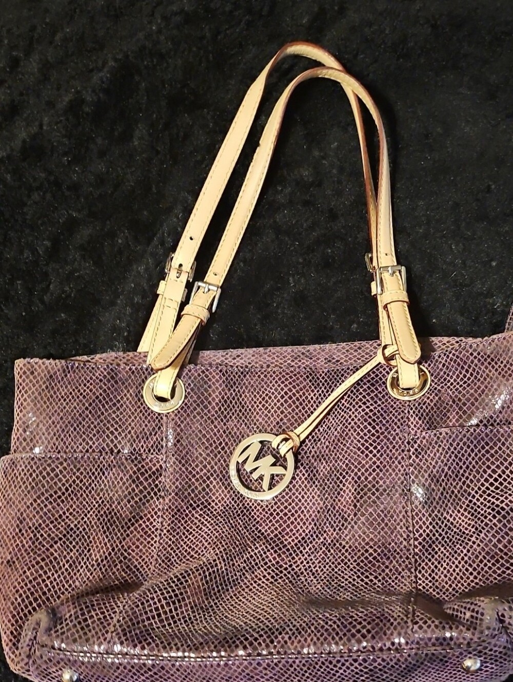 Michael Kors Mauve Snakeskin-Texture Tote with Tan Straps